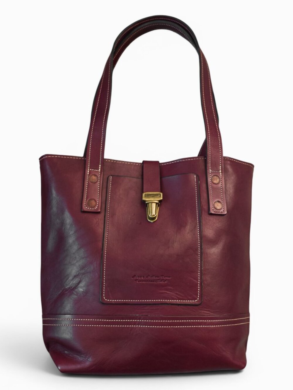 Happy Hollow Farm Medium Leather Tote Burgundy Handmade Tennessee Toggle Closure